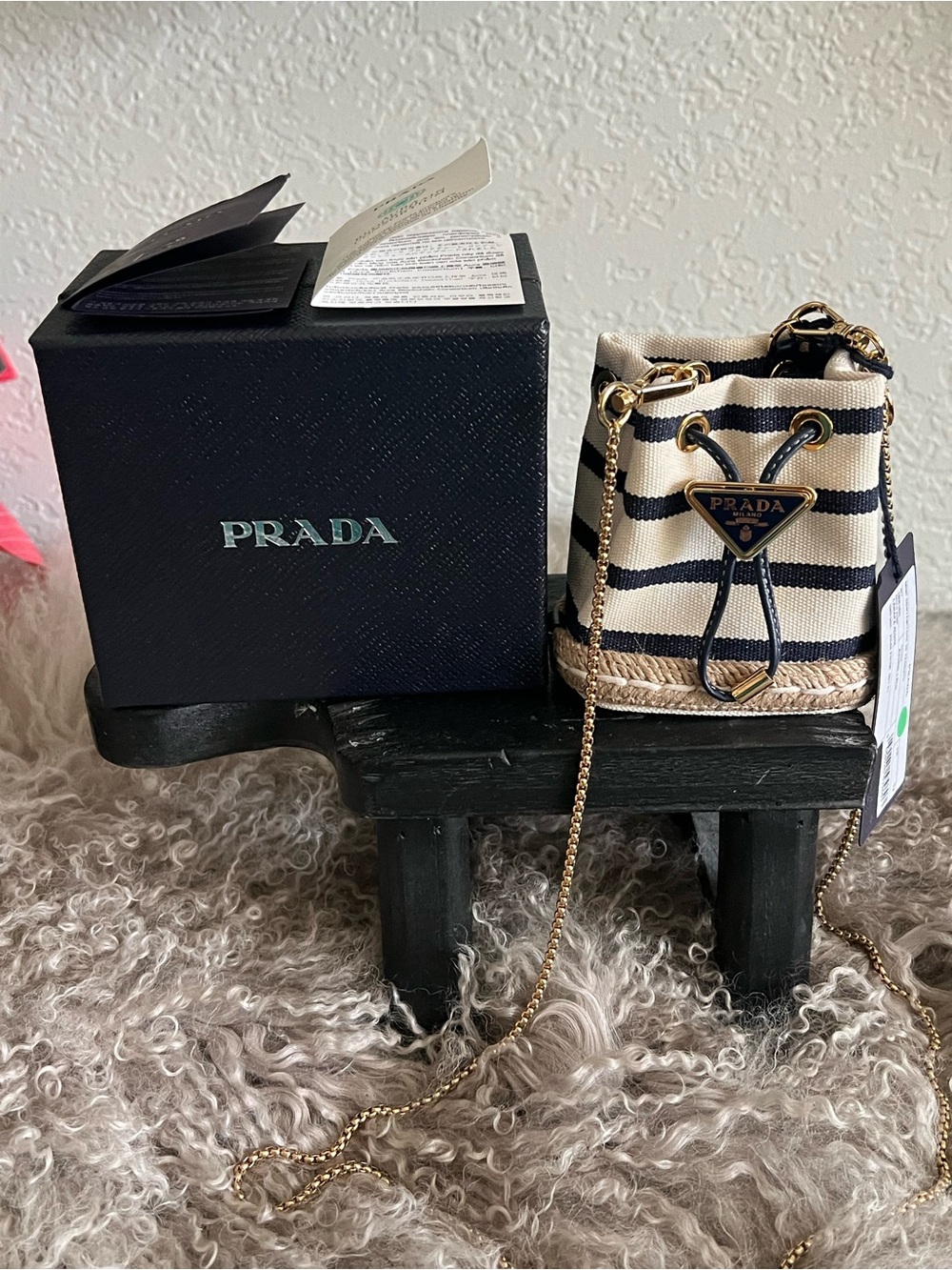 Prada Striped Canvas Mini Bucket Bag in Cream & Blue